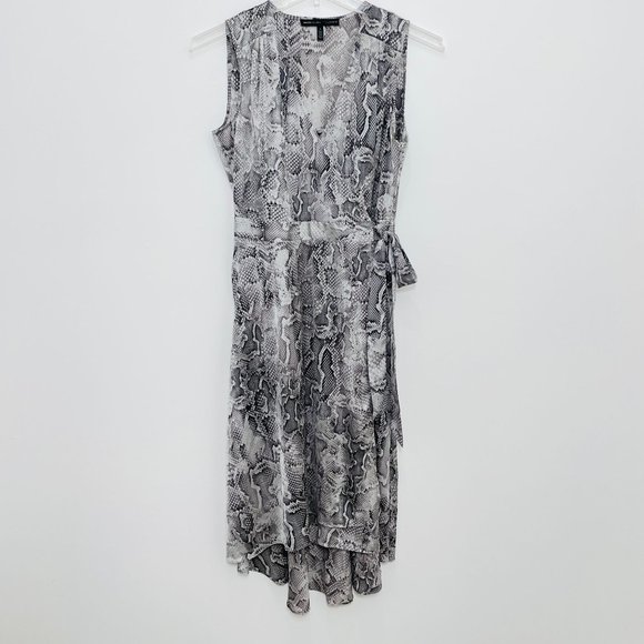 White House Black Market Women's Dress 4 Wrap Midi Snake Gray Sleeveless Hi Low - Picture 3 of 15